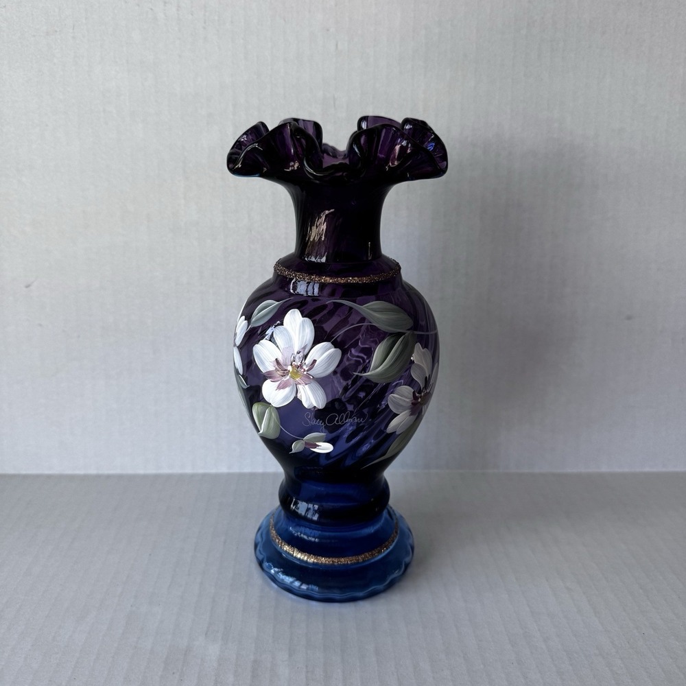 Fenton Hand Painted Vase Purple Floral Signed By Stacy Allman NIB Ruffled VTG